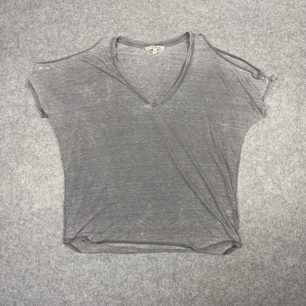 Express One Eleven Womens Gray Acid Wash Cold Shoulder V-Neck Slub T-Shirt Small